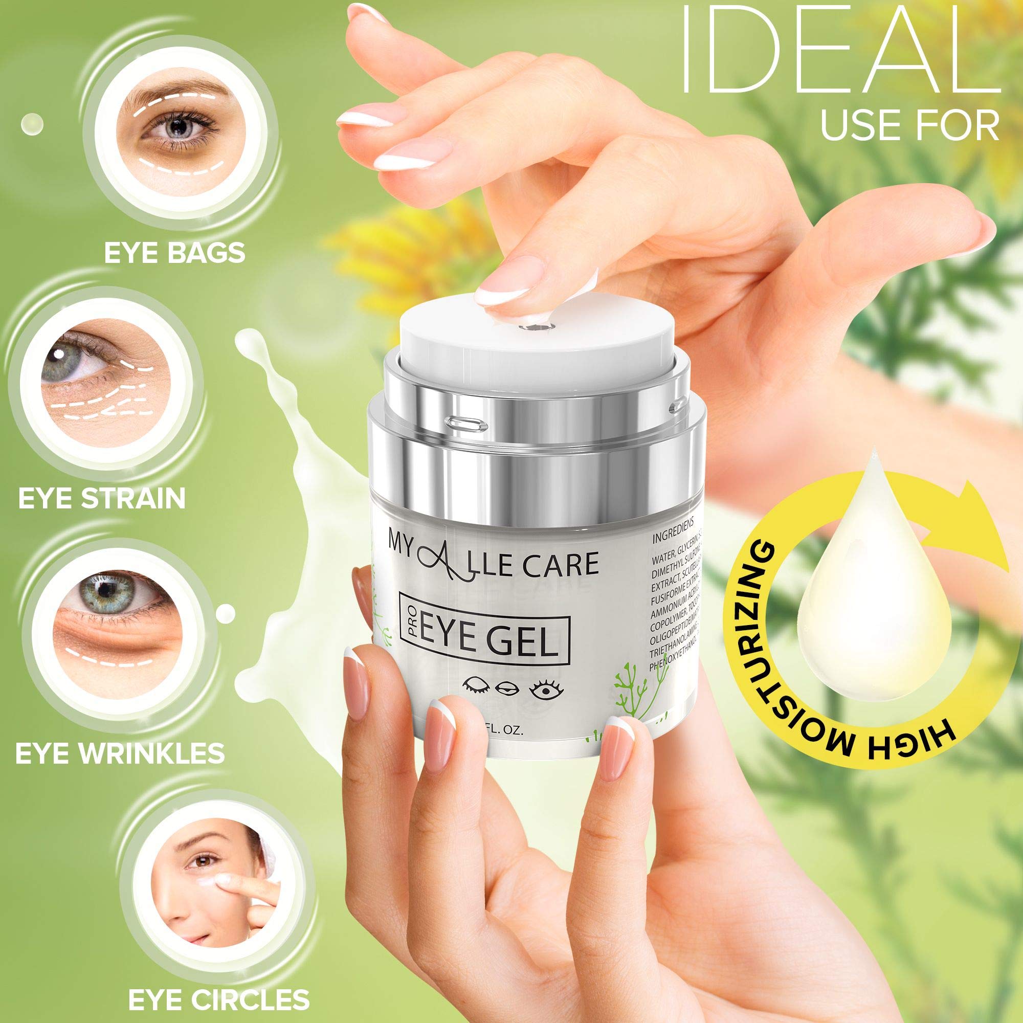 My Alle Care Eye Gel texture close-up shows lightweight hydration.
