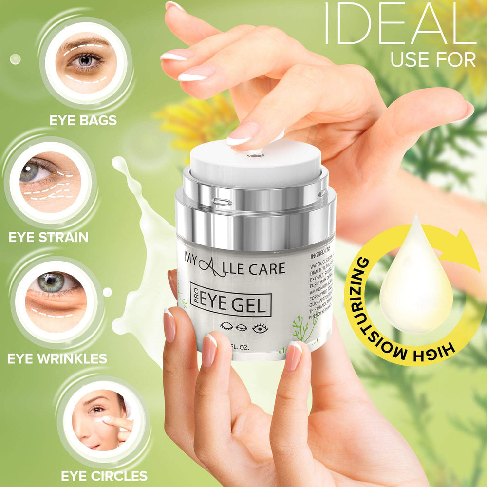 My Alle Care Eye Gel texture close-up shows lightweight hydration.