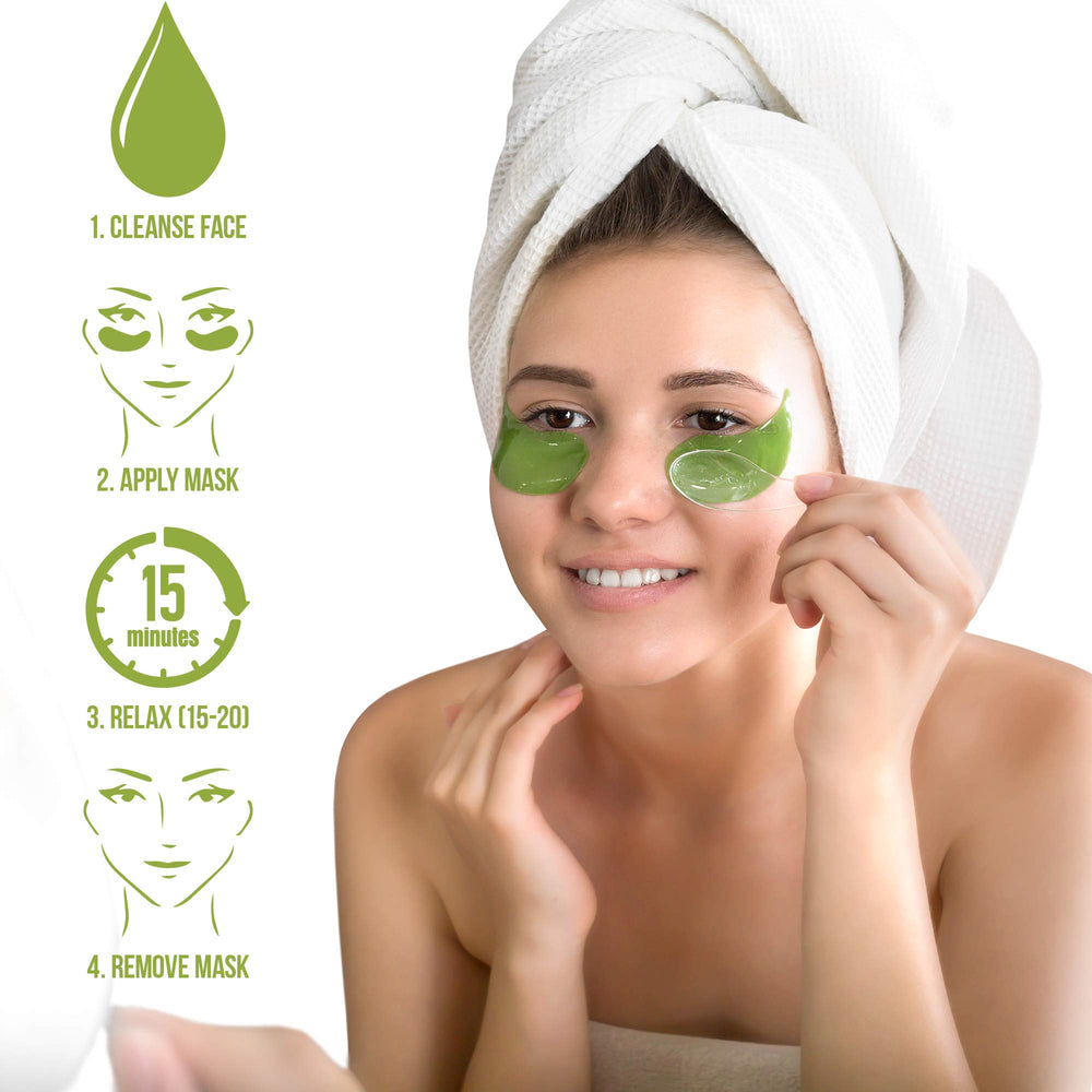 Applying eye patches under the eyes for depuffing and hydration with Aloe Vera.