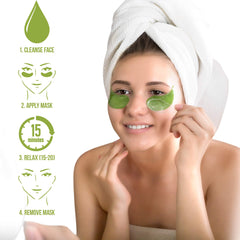 Applying eye patches under the eyes for depuffing and hydration with Aloe Vera.