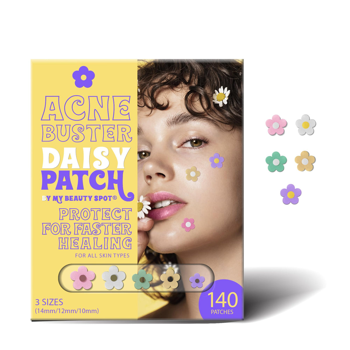 My Beauty Spot rainbow daisy patches on skin absorb oils while treating blemishes