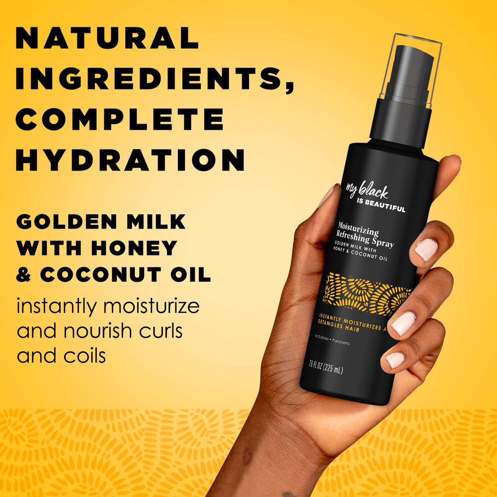 MY BLACK IS BEAUTIFUL Moisture Luxe Detangling Spray application on damp curls for smooth detangle