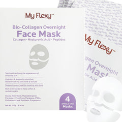 My Flexy Bio Collagen Overnight Mask packaging shows a four-pack for convenient routine