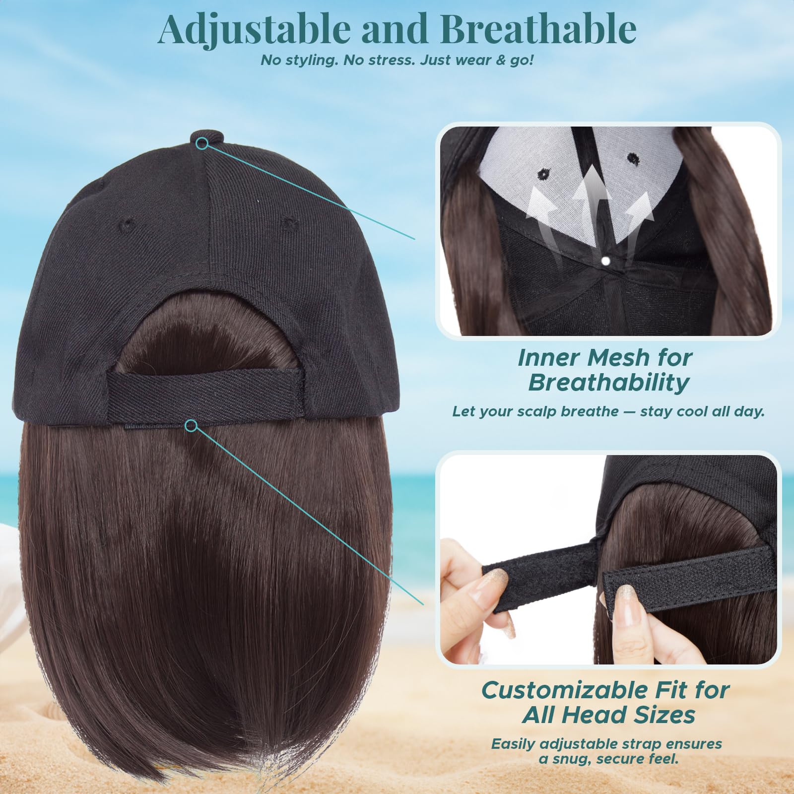 MY-LADY adjustable Velcro baseball cap hairpiece for secure fit and quick styling