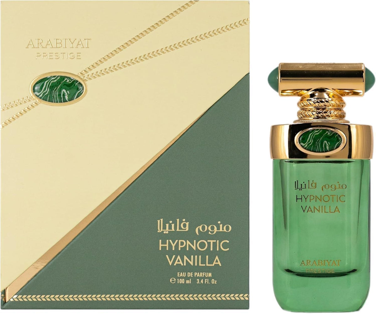 Arabiyat Hypnotic Vanilla bottle in emerald glass with gold accents for premium presentation.