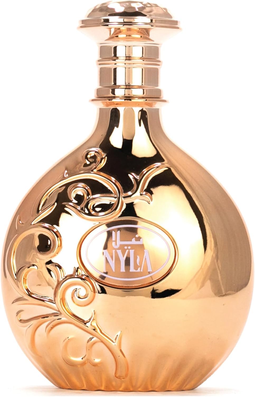 my perfumes Nyla EDP bottle close-up shows ornate arabesque detailing and premium packaging