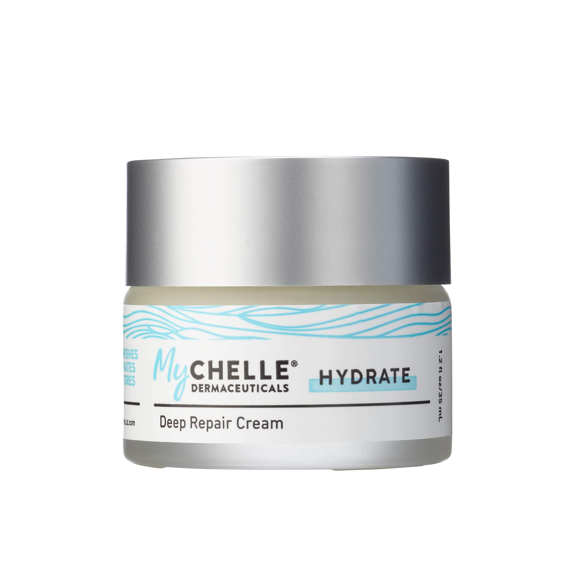 MyCHELLE Deep Repair Cream bottle close-up shows hydration for dry skin