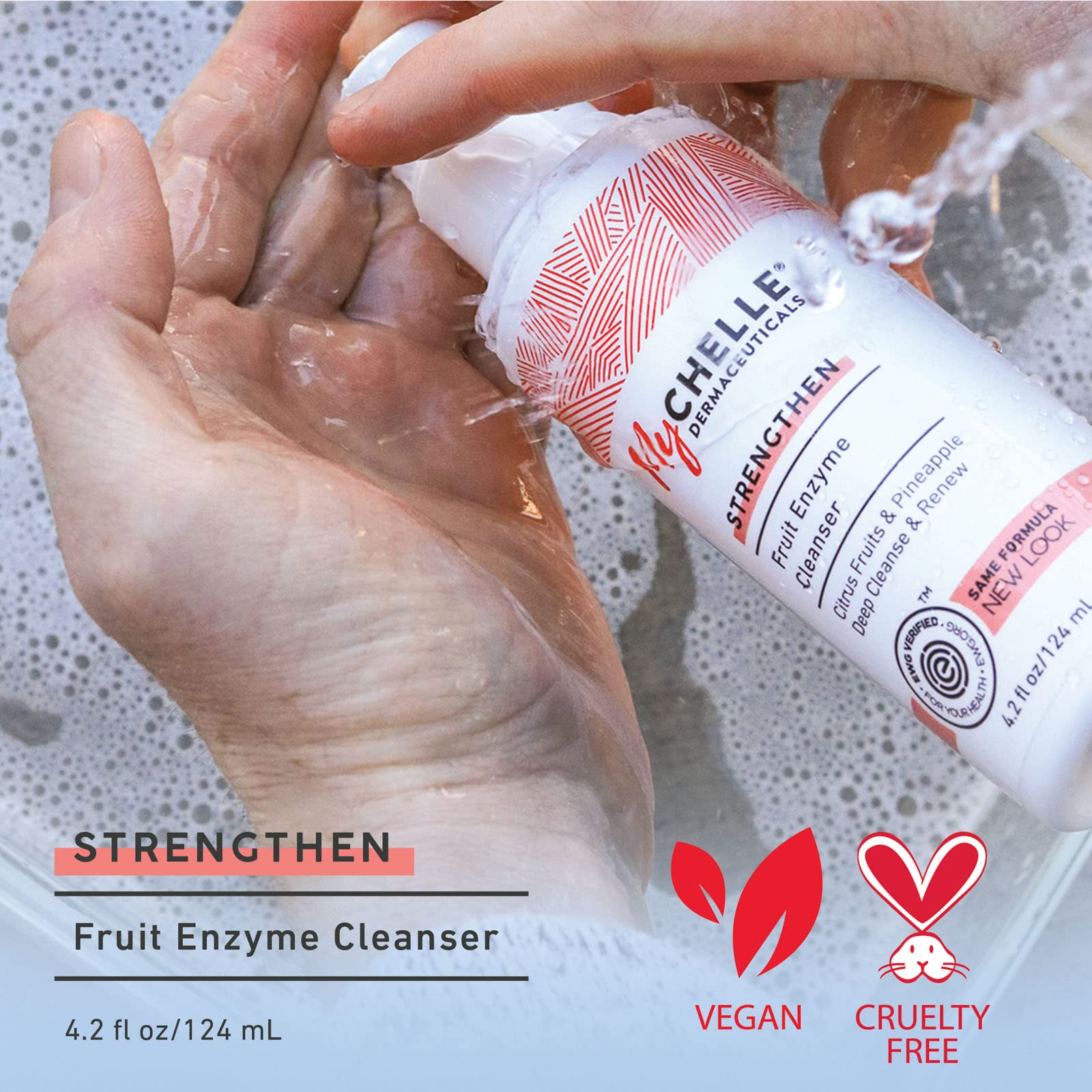 MyChelle Fruit Enzyme Cleanser foaming action to reveal smoother skin texture.