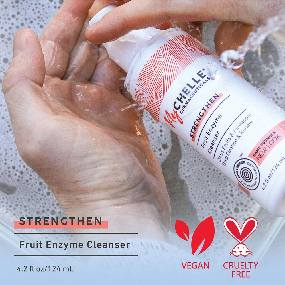 MyChelle Fruit Enzyme Cleanser foaming action to reveal smoother skin texture.