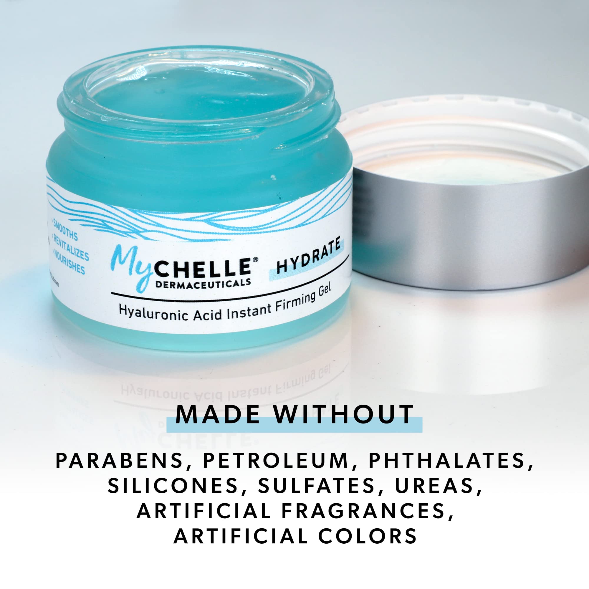MyChelle Instant Firming Gel texture close-up highlights a smooth, plumping feel.