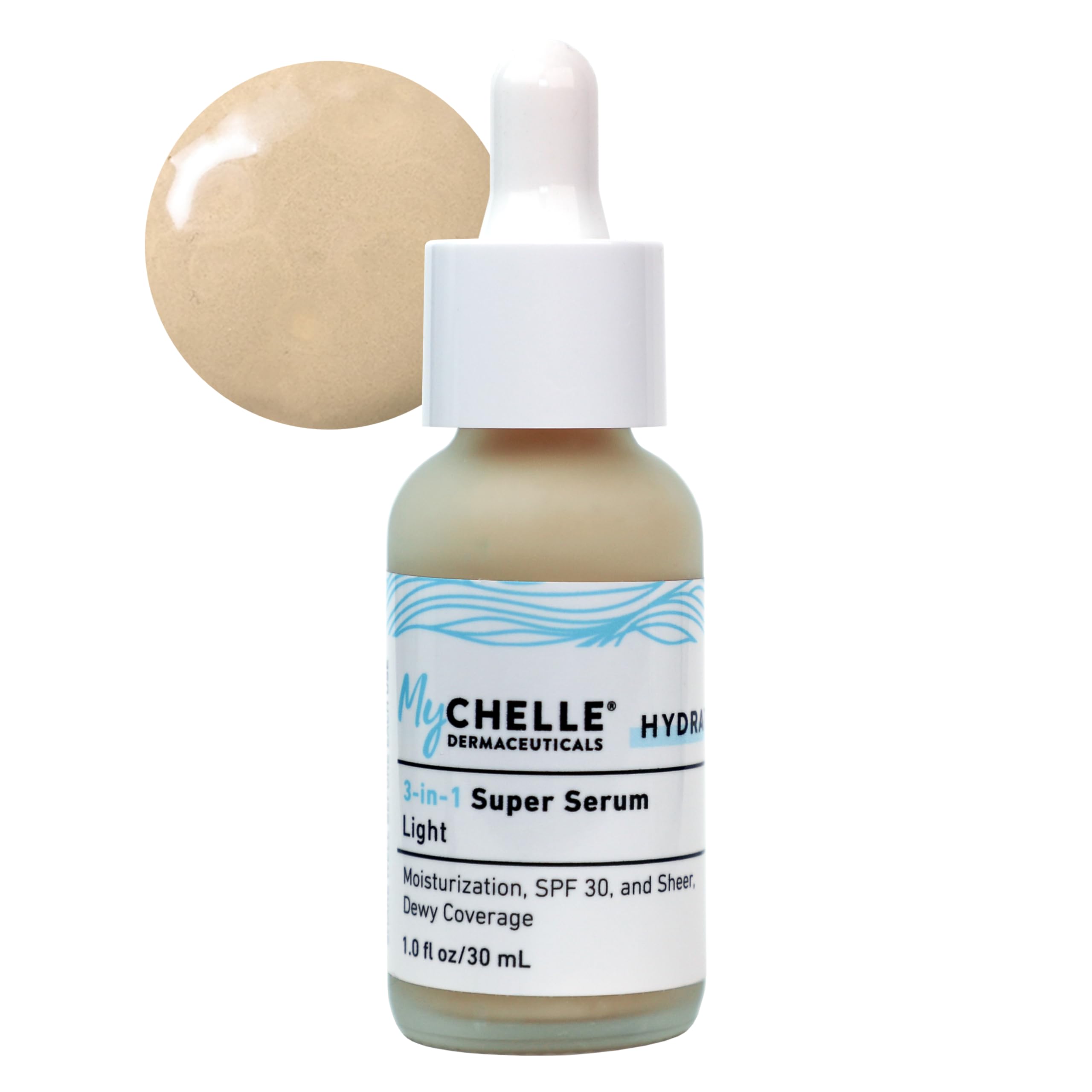 MyCHELLE Light 3-in-1 Serum bottle showing tinted hydration with mineral SPF.
