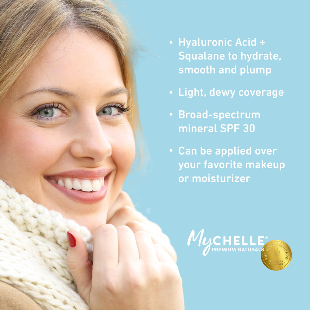 MyCHELLE Light 3-in-1 Serum pump and tint in action.
