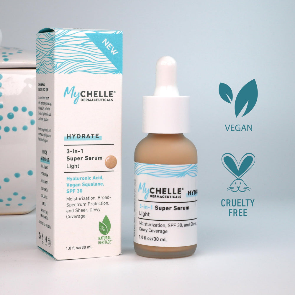 MyCHELLE Light 3-in-1 Serum tinted swatch on skin for a natural glow.
