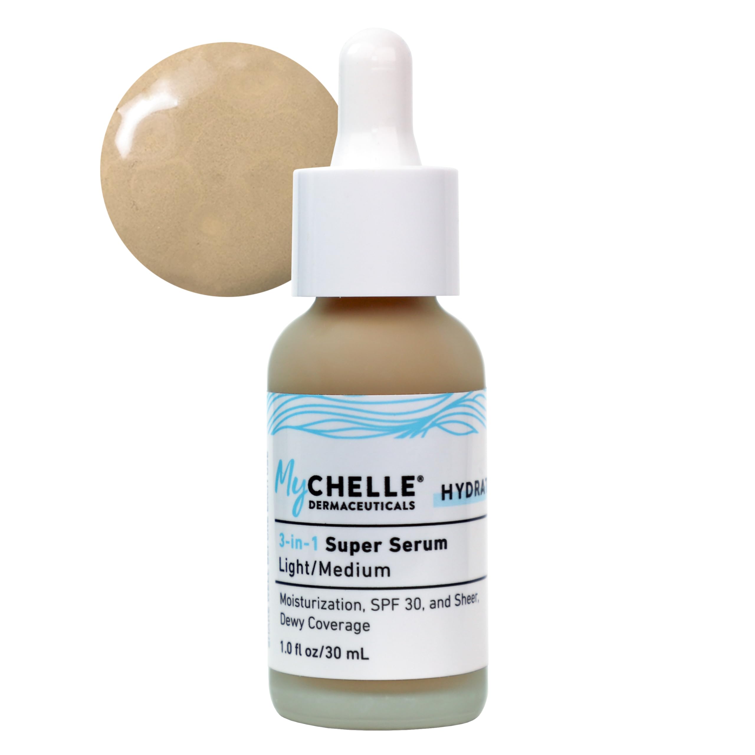 MyCHELLE Light/Medium 3-in-1 Serum bottle delivering sheer glow.