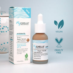 MyCHELLE Light/Medium serum on skin shows dewy, natural coverage.