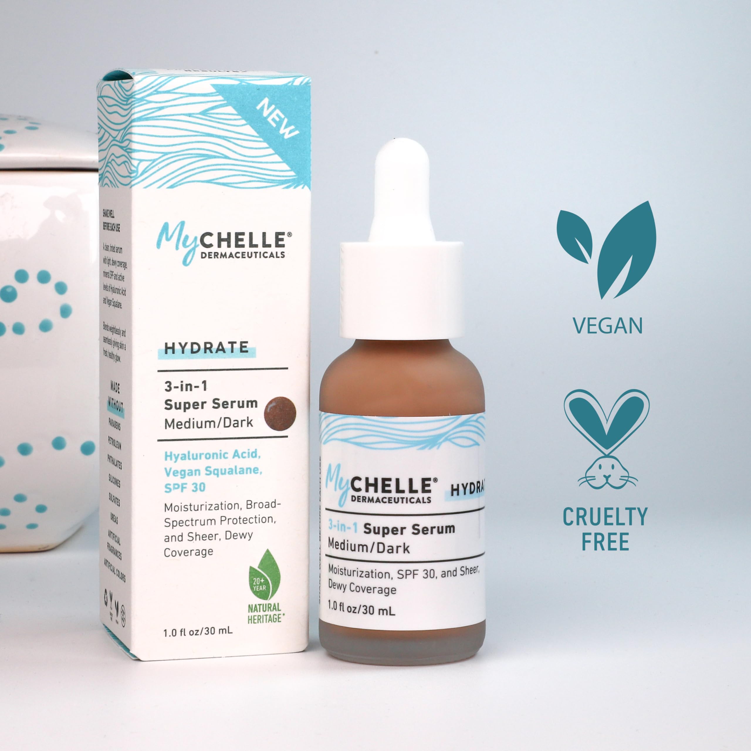 MyCHELLE serum swatch shows natural tint for everyday glow and easy blending.
