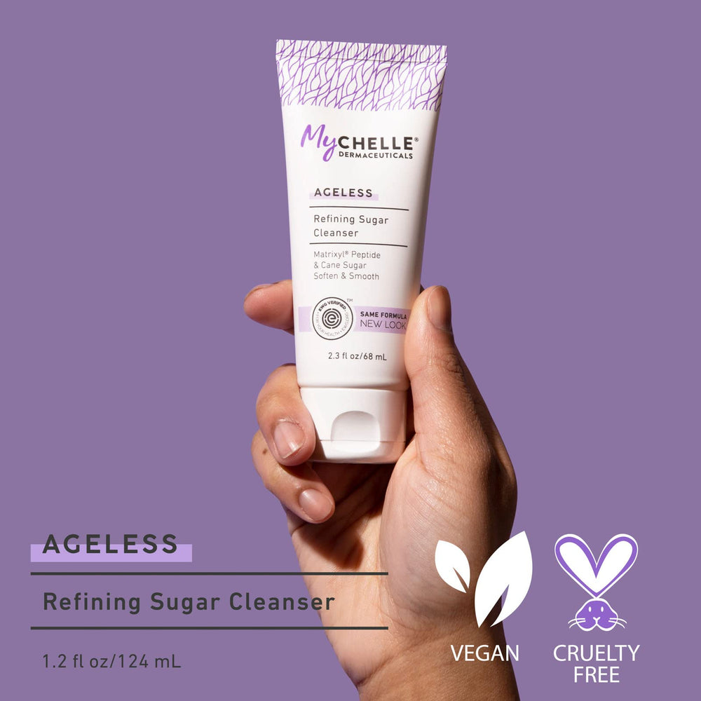 MyCHELLE Refining Sugar Cleanser ingredients panel highlighting clean, vegan, cruelty-free formula.