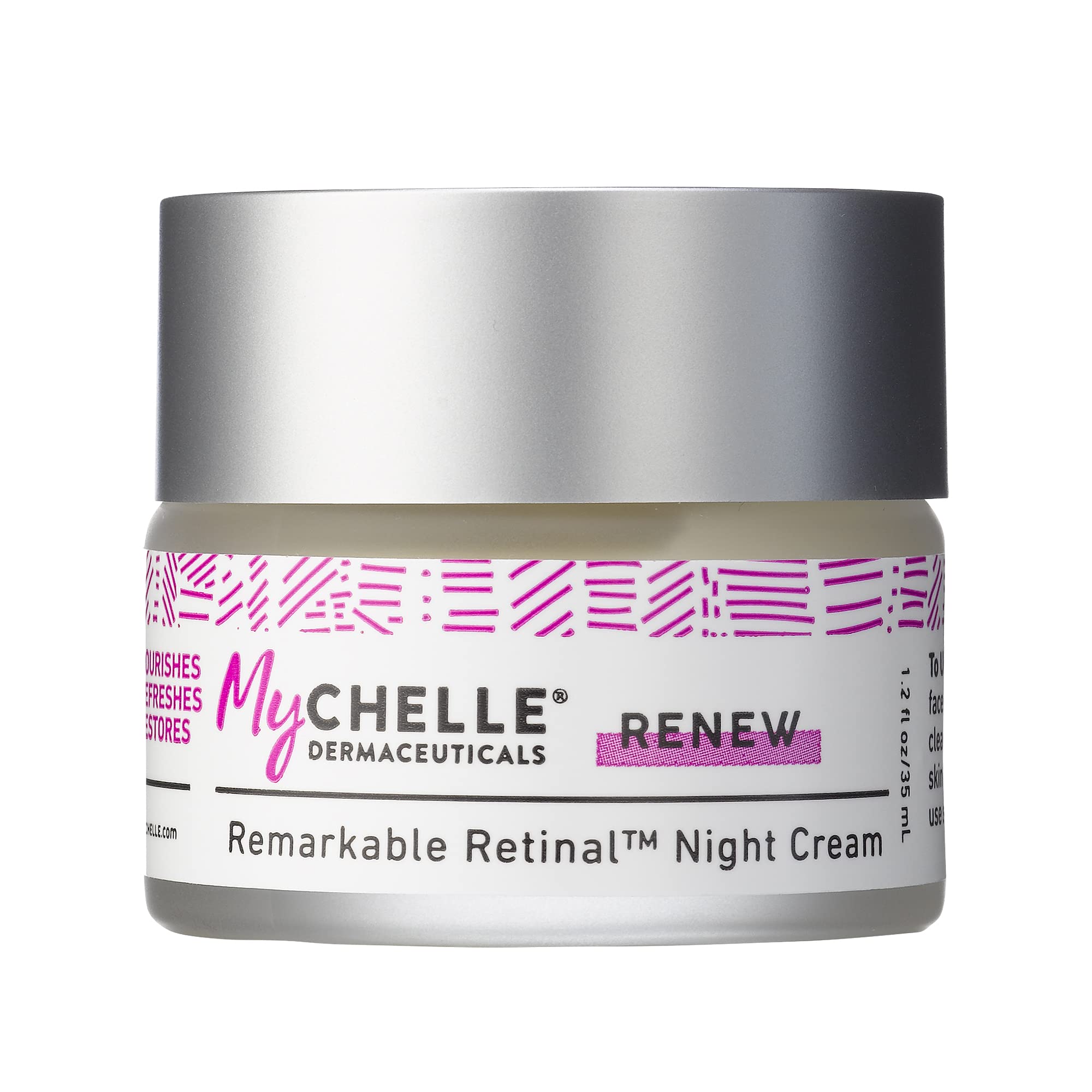 MyChelle Retinal Night Cream jar label close-up highlighting retinal formula for nightly care.