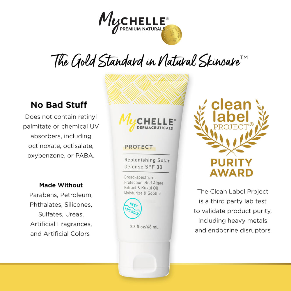 MyCHELLE Solar Defense SPF 30 applied to face and body