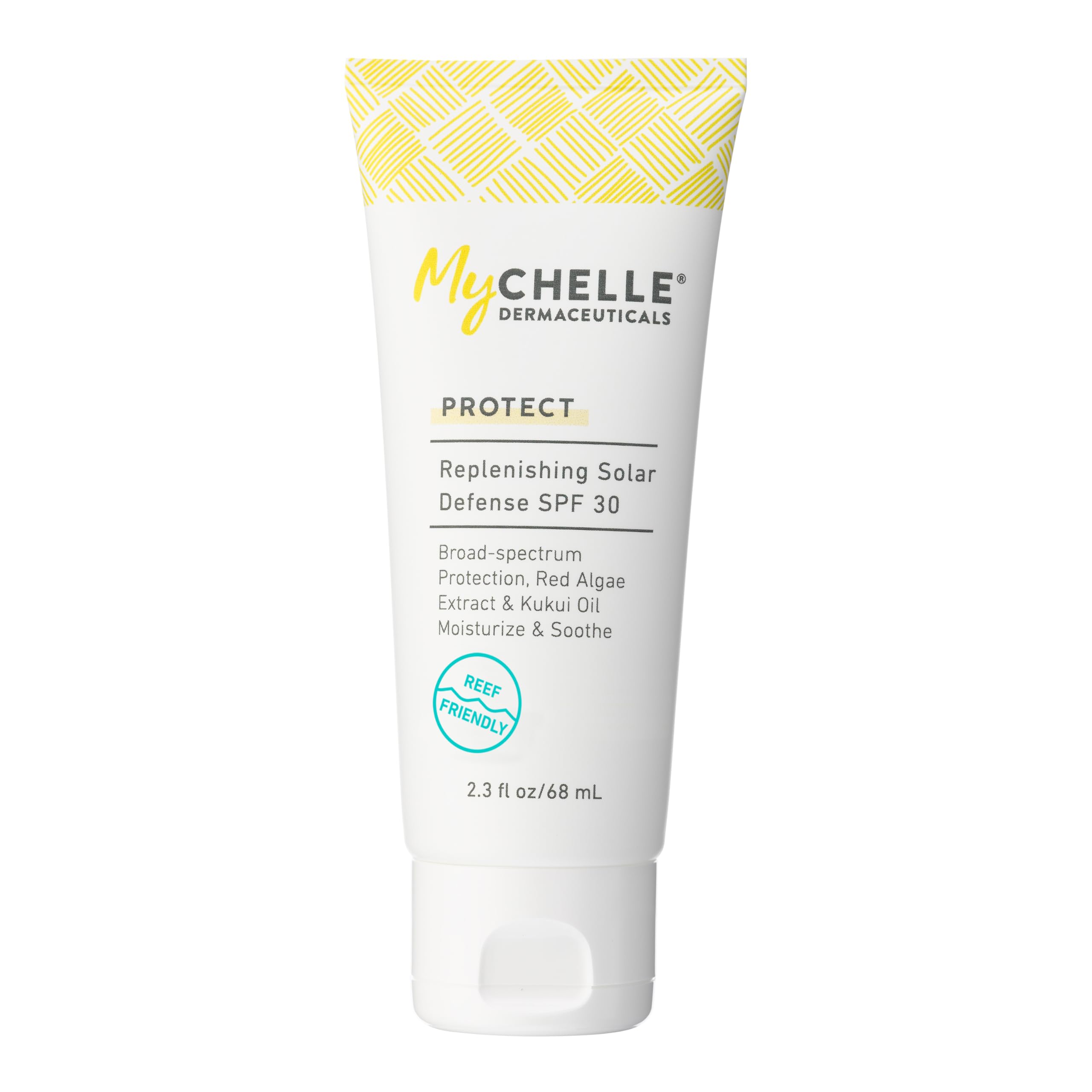 MyCHELLE Solar Defense SPF 30 tube front view showing reef-safe sunscreen
