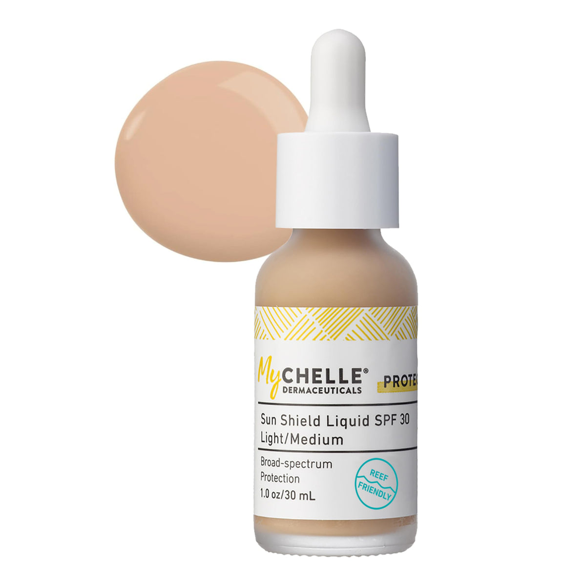 MyChelle Sun Shield Liquid SPF 30 bottle close-up shows tinted coverage for daily wear