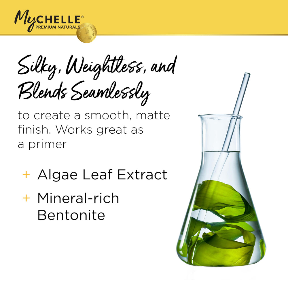 Swatch of MyChelle Sun Shield Liquid SPF 30 Medium/Dark showing sheer tint and natural finish.