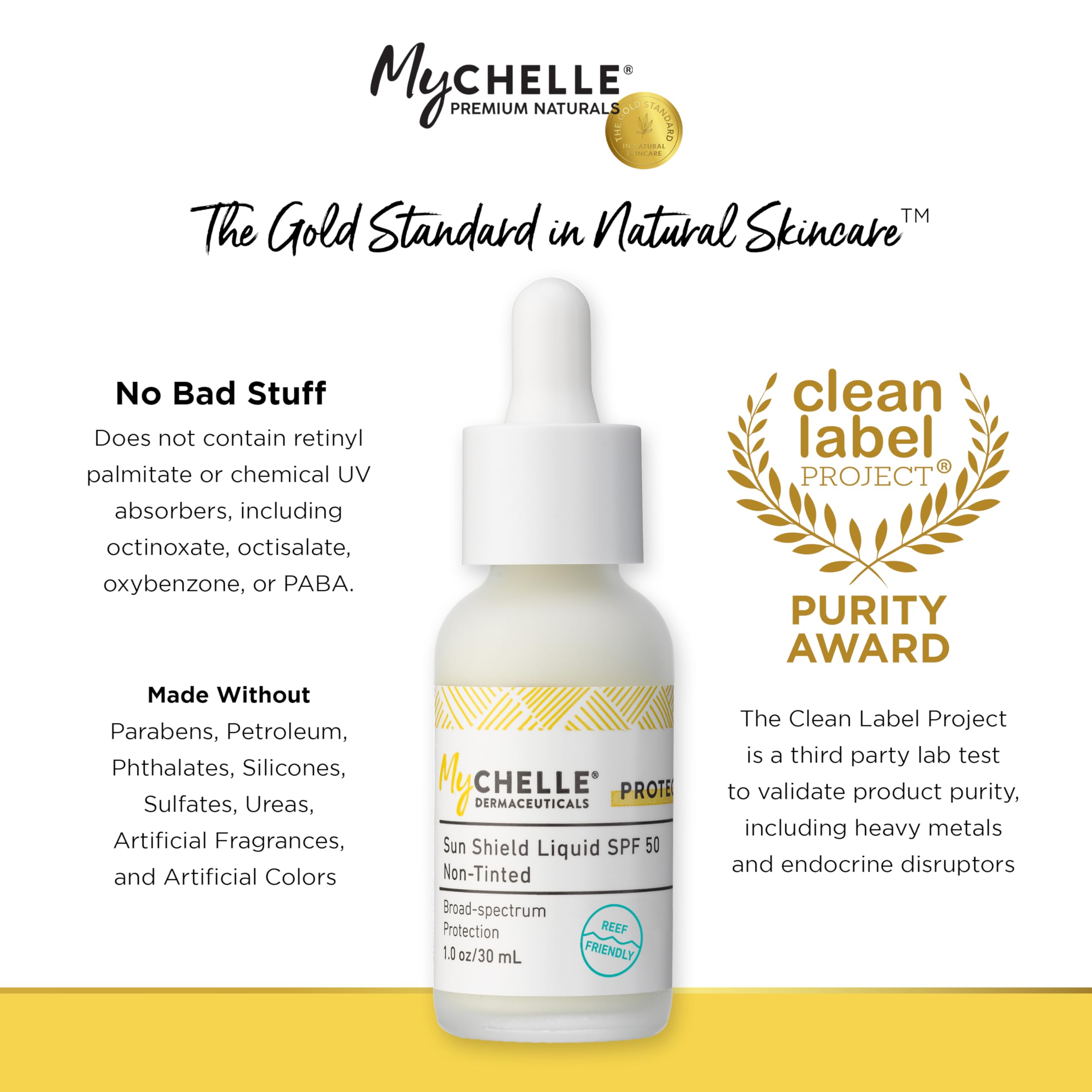 MyChelle Sun Shield Liquid SPF 50 Non-Tinted swatch shows natural finish.