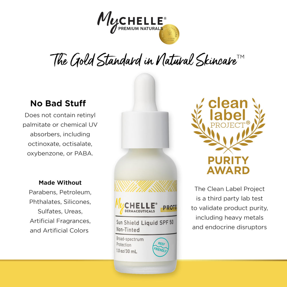 MyChelle Sun Shield Liquid SPF 50 Non-Tinted swatch shows natural finish.