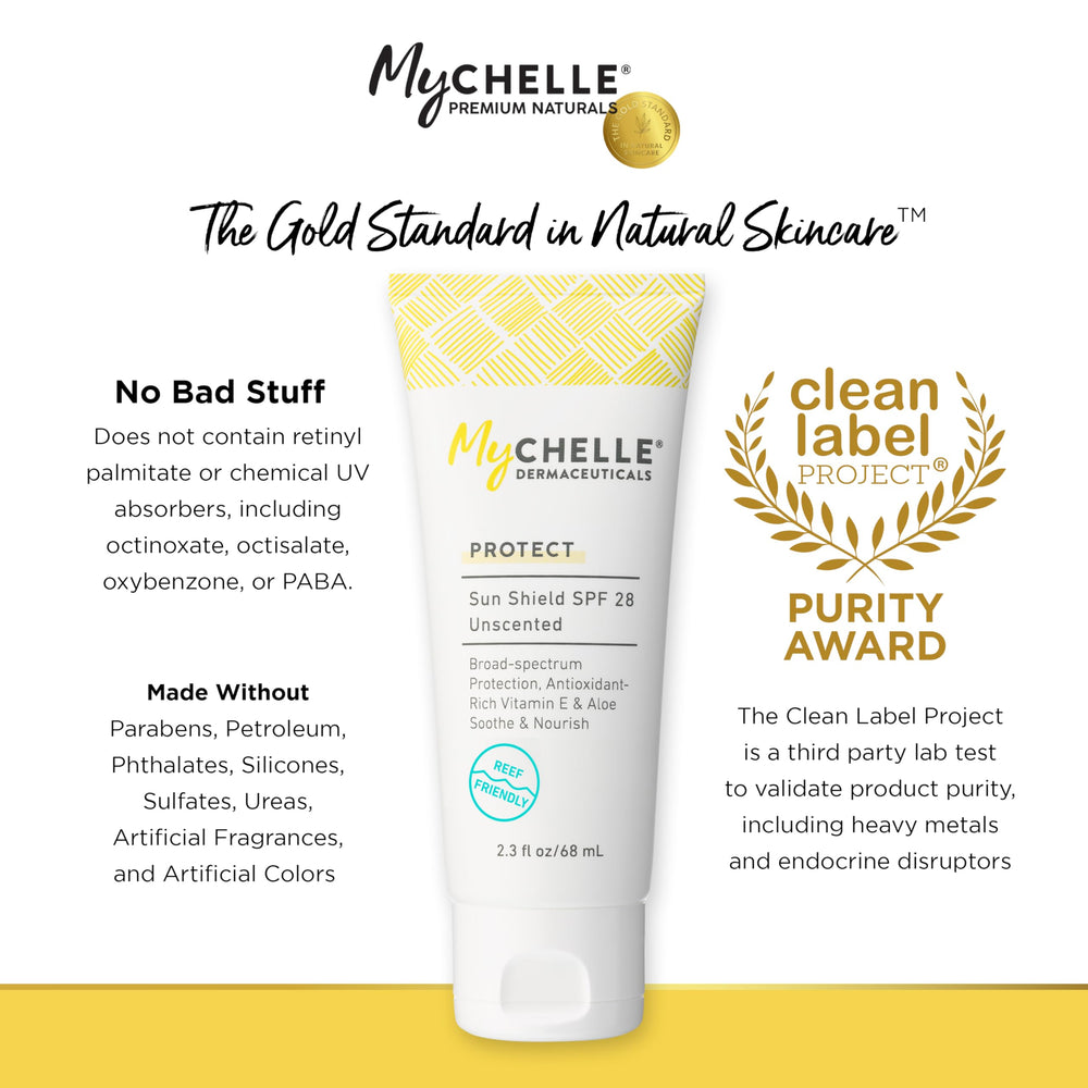 MyChelle reef-safe label highlights avoidance of chemical UV absorbers.