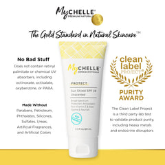 MyChelle reef-safe label highlights avoidance of chemical UV absorbers.