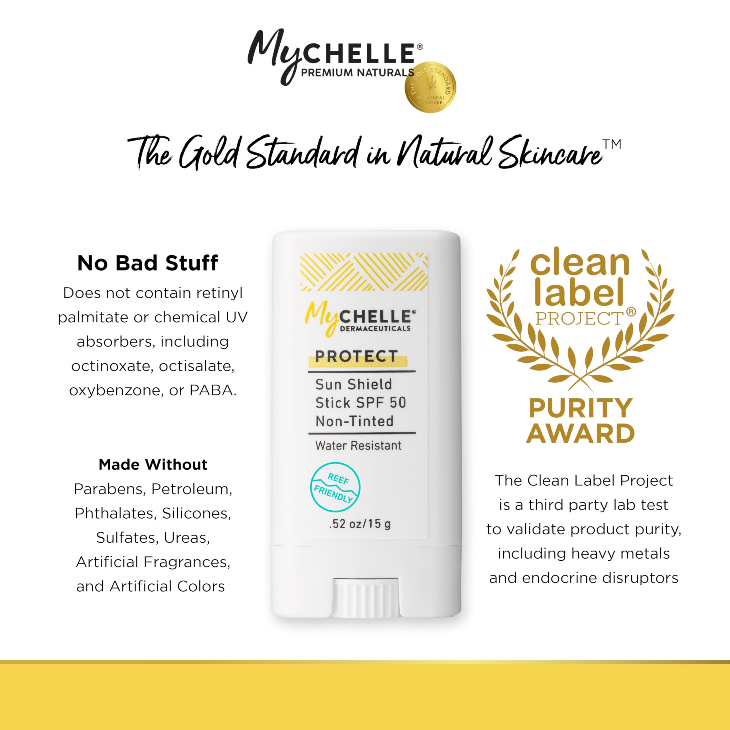 MyChelle Sun Shield Stick compact on palm for easy on-the-go use