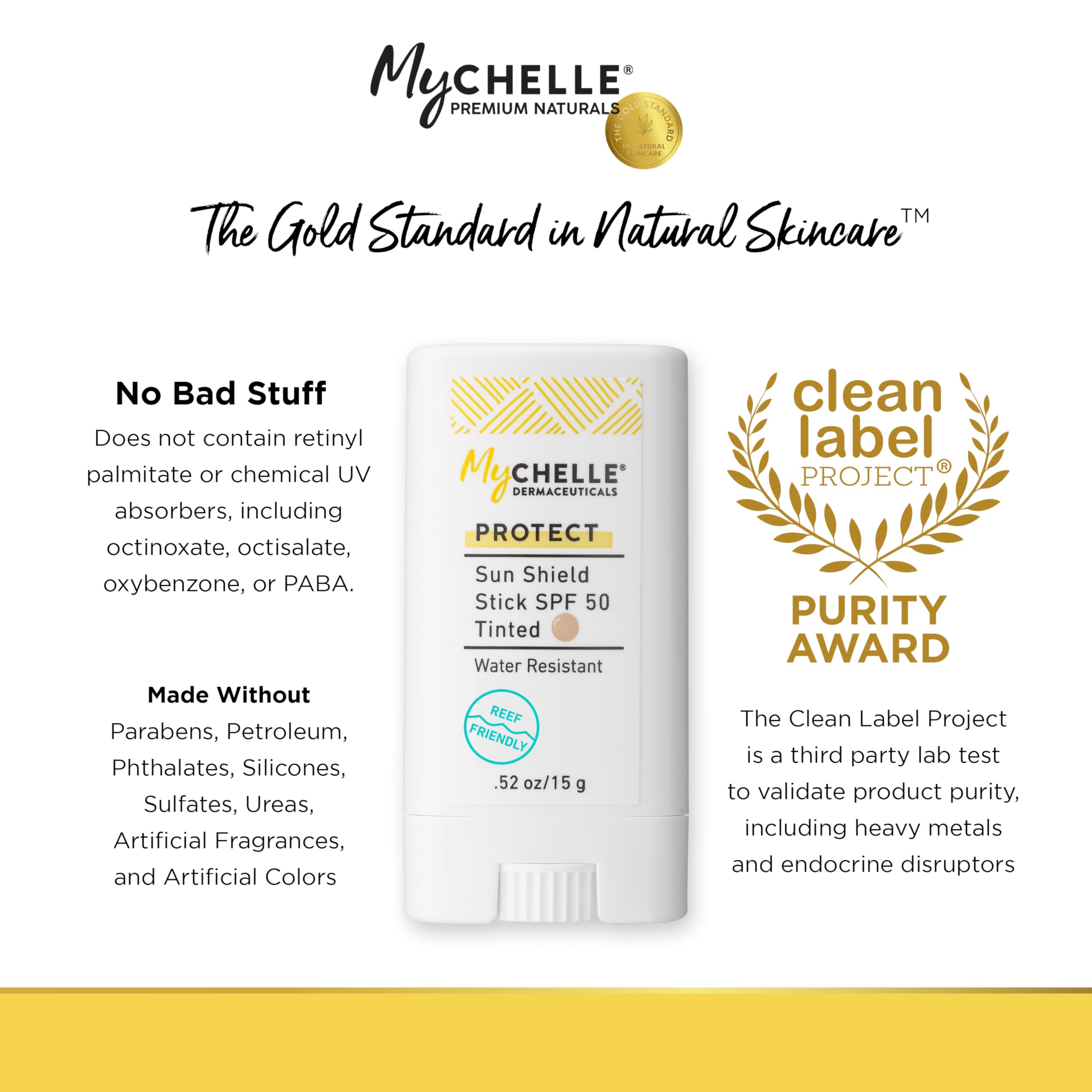 MyCHELLE Sun Shield Stick SPF 50 tinted waterproof-action ideal for outdoor activities and beach days