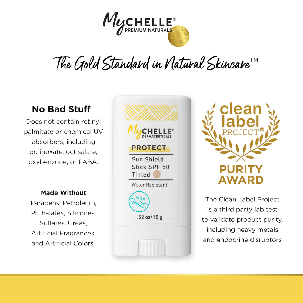 MyCHELLE Sun Shield Stick SPF 50 tinted waterproof-action ideal for outdoor activities and beach days