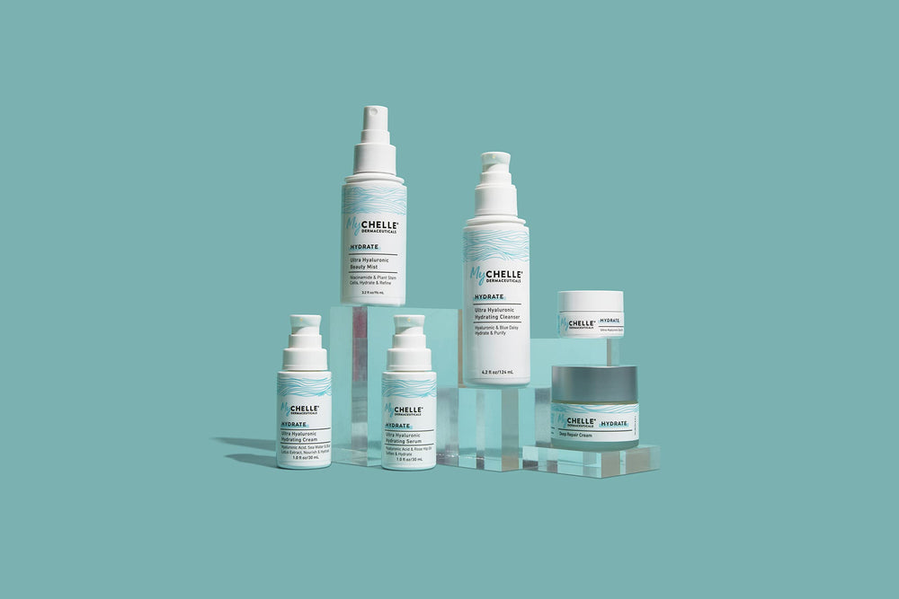 MyCHELLE Ultra Hyaluronic Hydrating Cleanser lather display suggests a creamy texture.