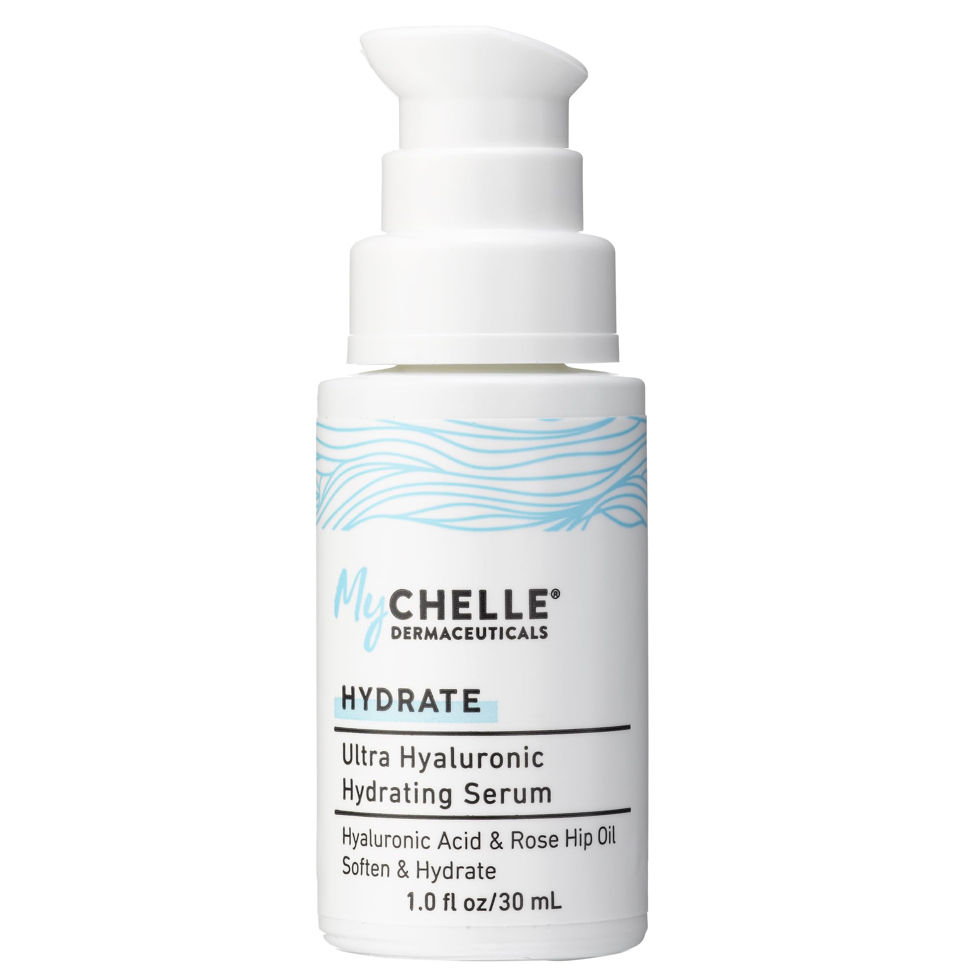 MyCHELLE Ultra Hyaluronic Serum bottle delivering lasting hydration for dry skin.