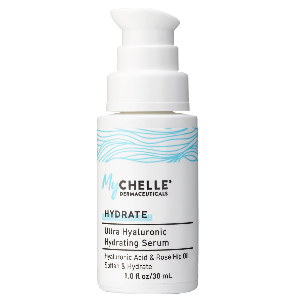 MyCHELLE Ultra Hyaluronic Serum bottle delivering lasting hydration for dry skin.