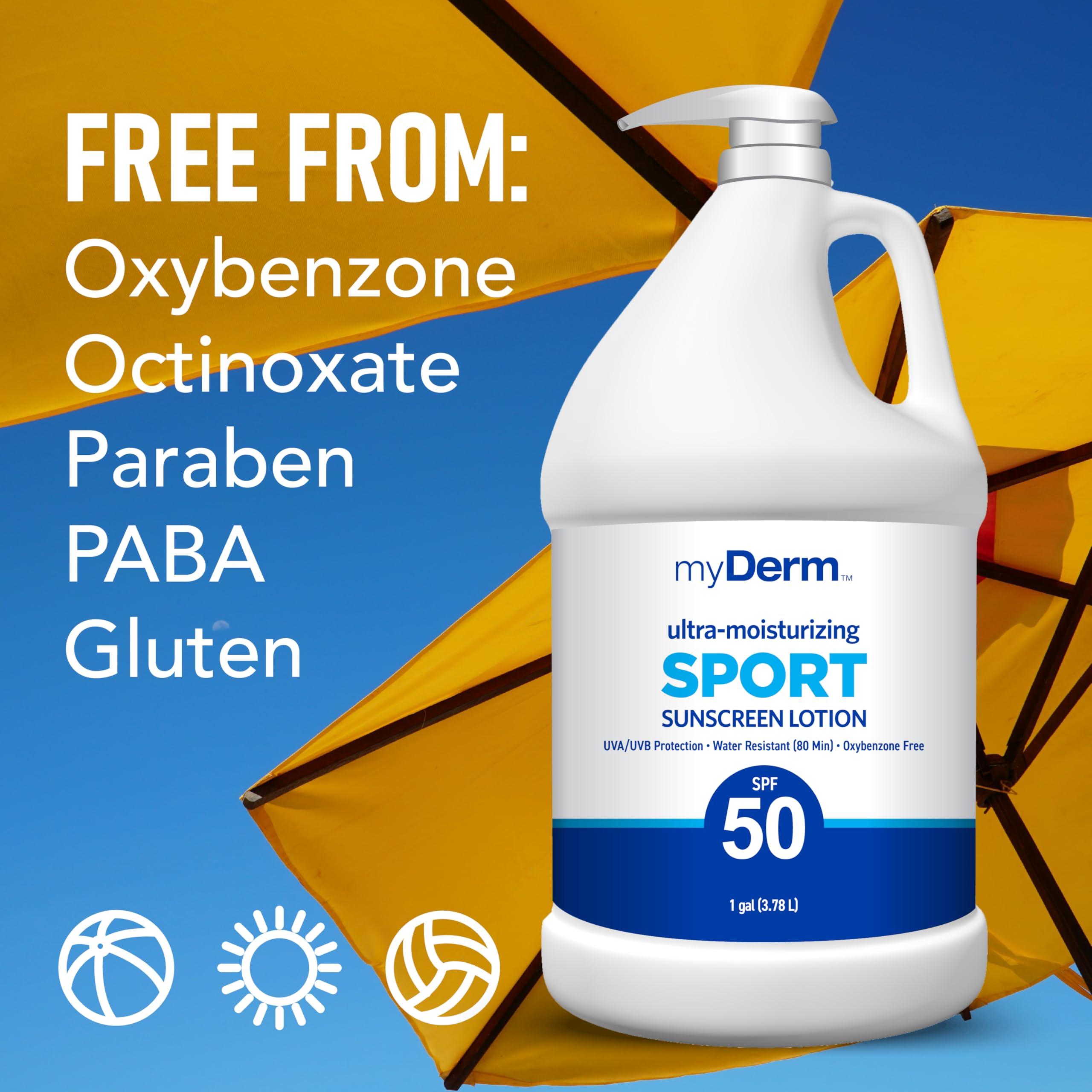 128 oz bulk MyDerm sunscreen bottle ready for family sun protection.