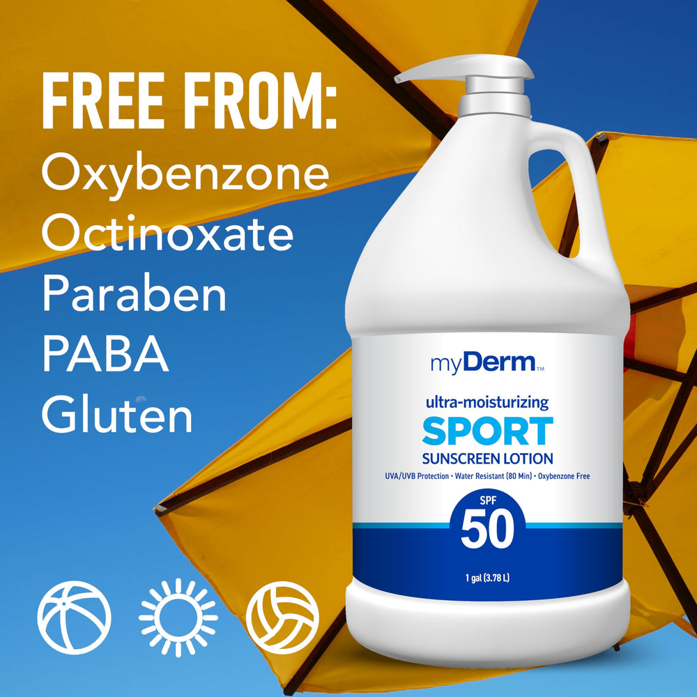 128 oz bulk MyDerm sunscreen bottle ready for family sun protection.