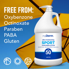 128 oz bulk MyDerm sunscreen bottle ready for family sun protection.