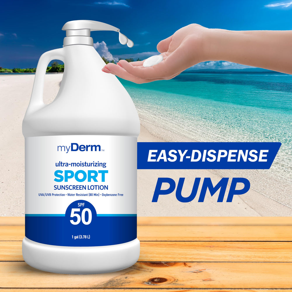 MyDerm sunscreen bottle label highlights oxybenzone- and parabene-free formula.