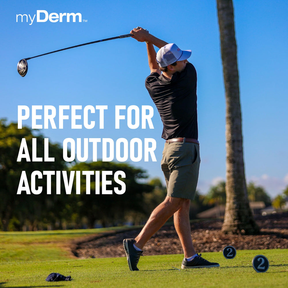 MyDerm sunscreen applied during outdoor activity with protective finish.