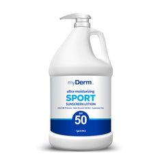 MyDerm SPF 50 sport sunscreen lotion bottle for outdoor protection.