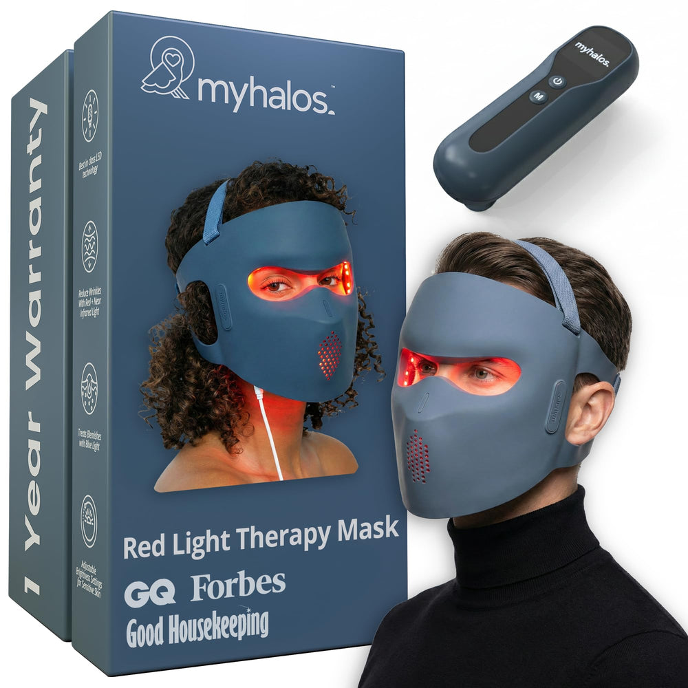 Myhalos red light therapy mask on the face for at-home rejuvenation