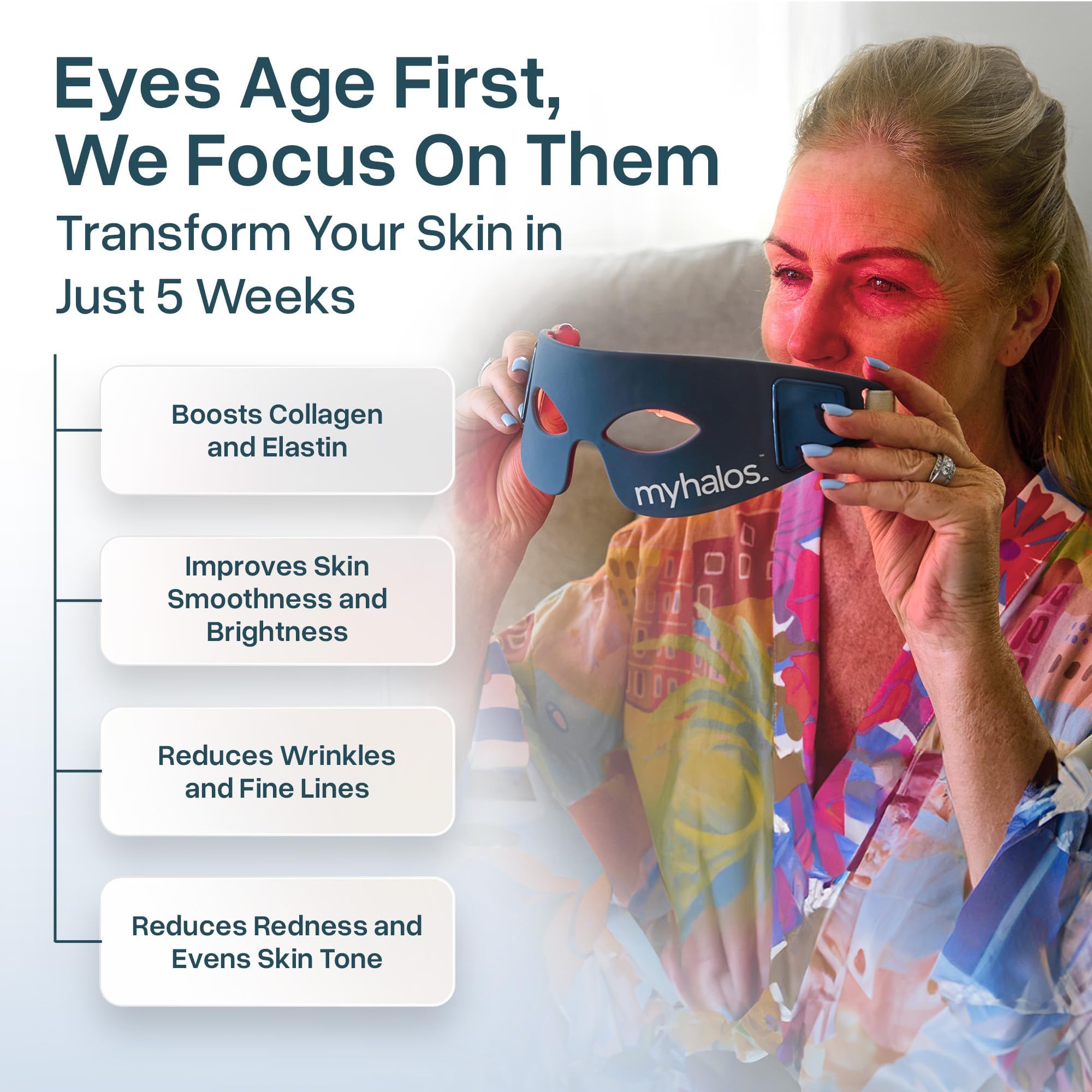 MyHalos Under Eye Mask worn on face targets fine lines and dark circles.