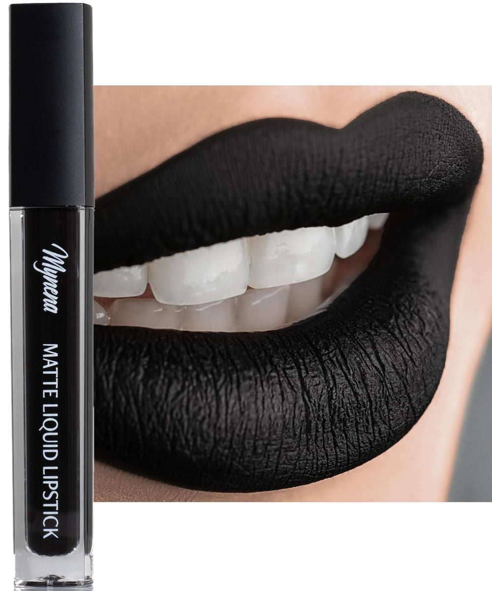 Mynena Matte Liquid Lipstick Black swatch on lips for full-coverage color