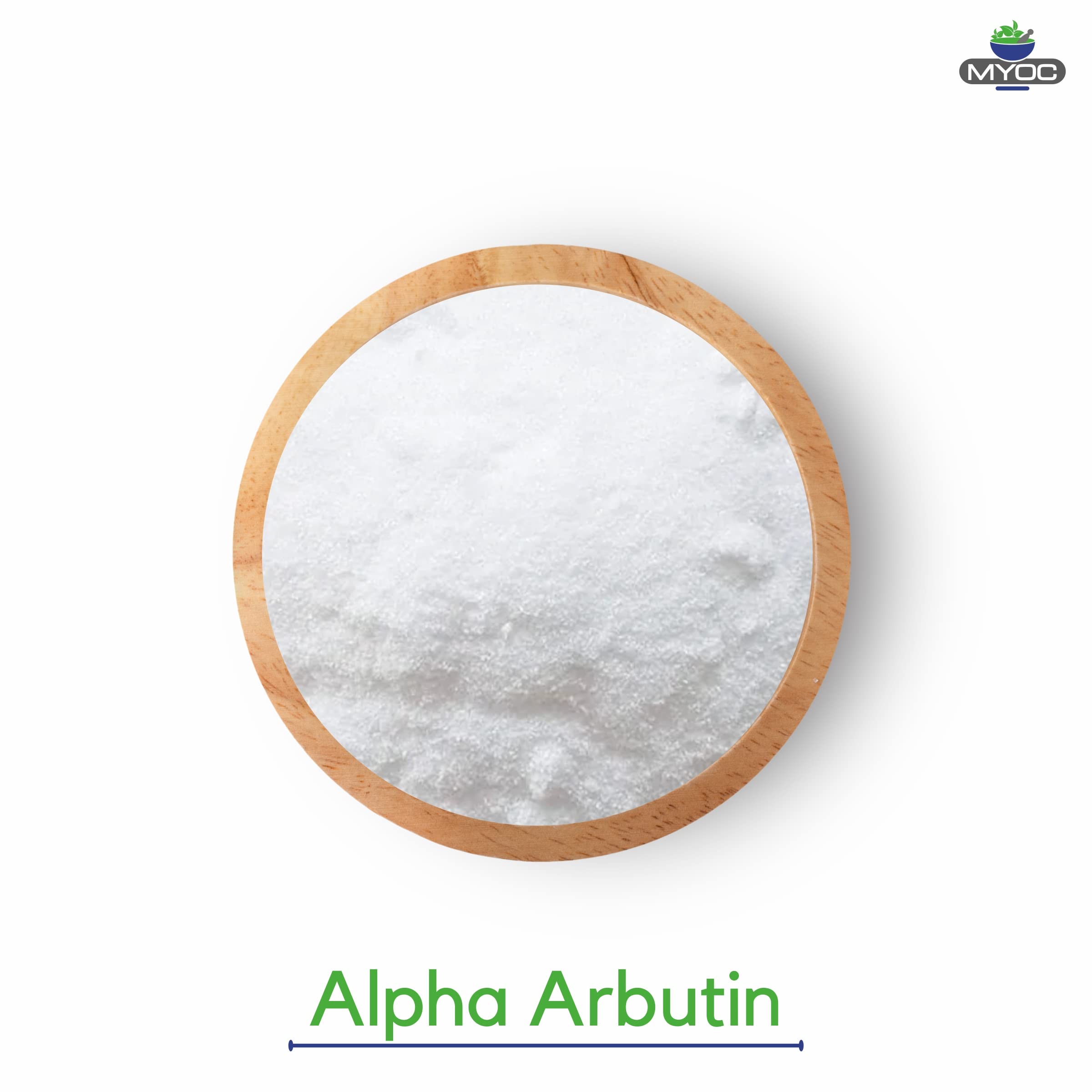 MYOC Alpha Arbutin Powder container showcases convenient packaging for controlled dosing.