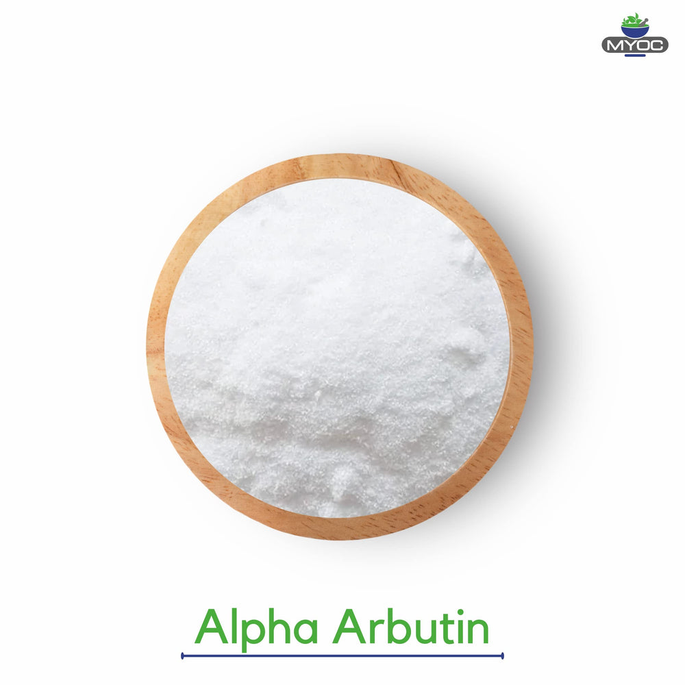 MYOC Alpha Arbutin Powder container showcases convenient packaging for controlled dosing.
