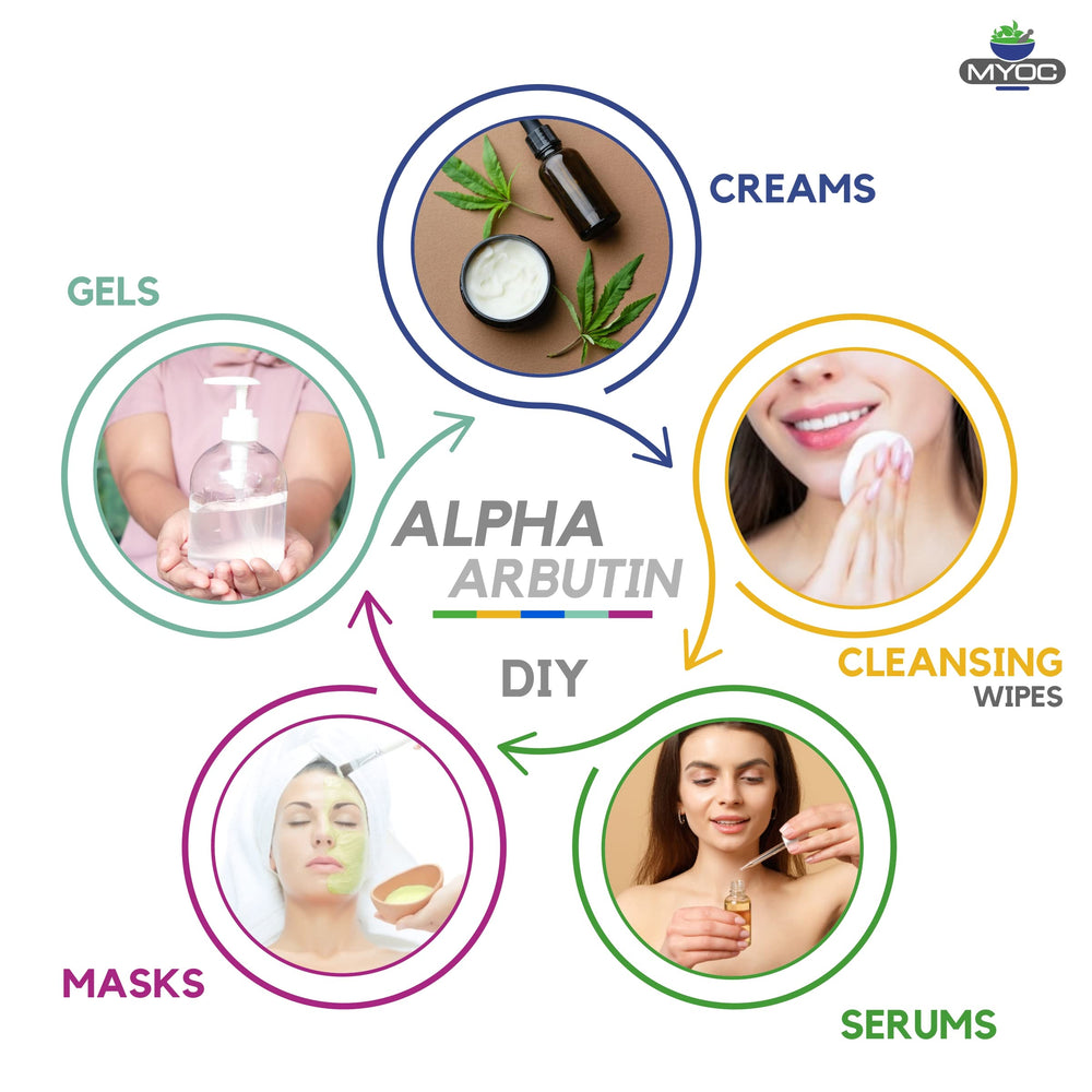 MYOC Alpha Arbutin Powder label confirms cosmetic-grade purity for DIY projects.