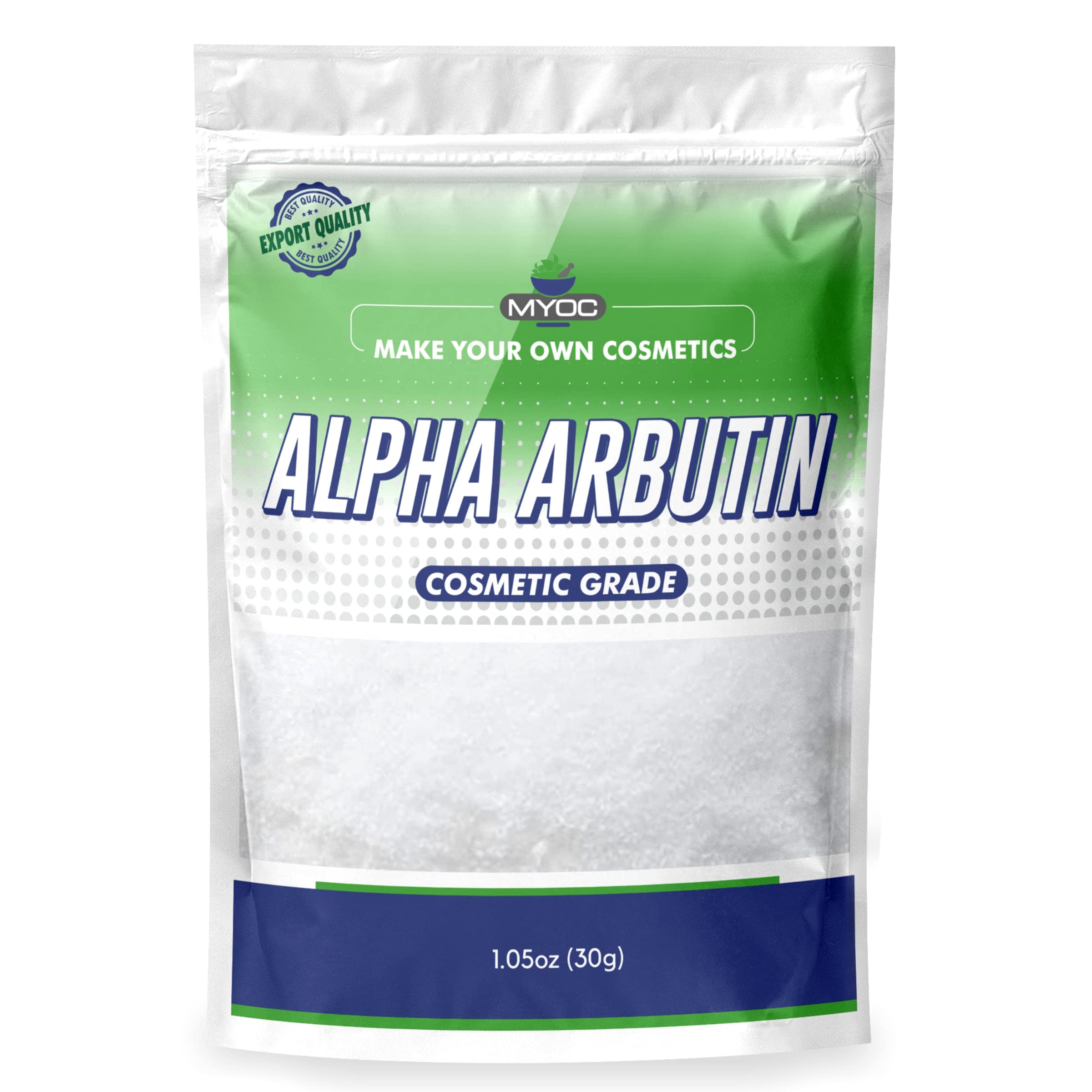MYOC Alpha Arbutin Powder packaging shows pure cosmetic-grade material for DIY skincare.