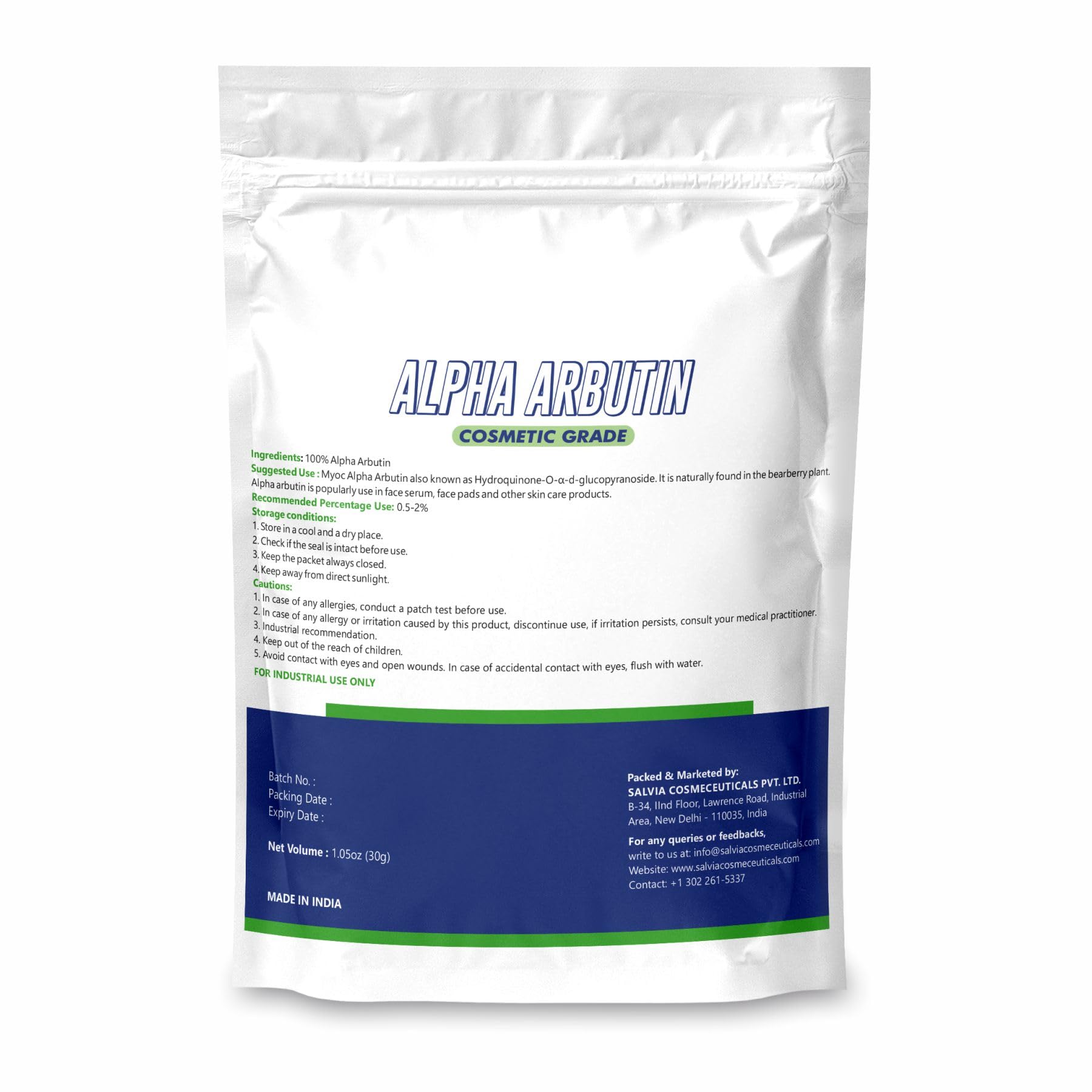 MYOC Alpha Arbutin Powder texture appears as a fine, clean powder ideal for precise dilution.